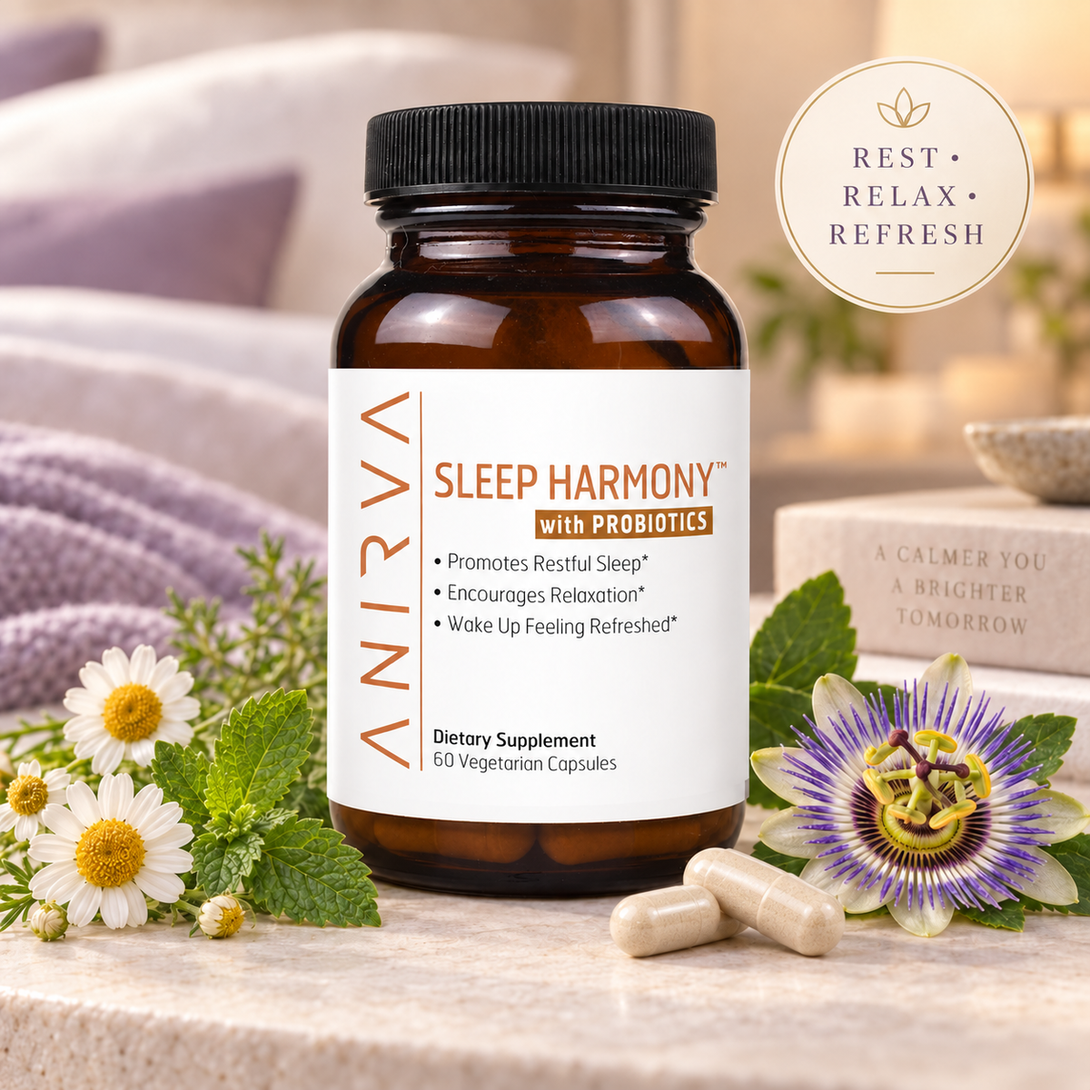 Anirva Sleep Harmony with Probiotics natural sleep support supplement bottle